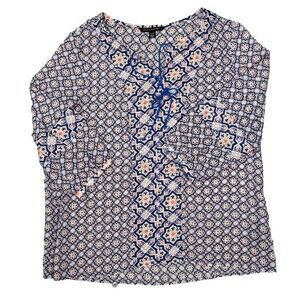 Zac & Rachel Boho Top XL Festival Sheer Blouse Batik Tie Neck Lightweight Hippie